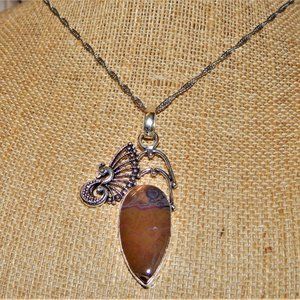 Unique Dragon Wing Stick Agate Pendant 925 Silver Plated Chain Necklace
